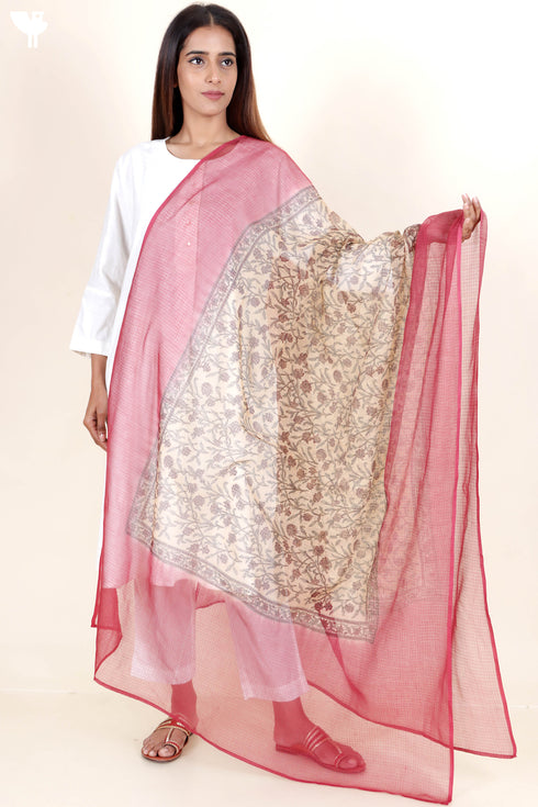 Kota Doria Dupatta With Floral Block Print